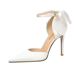 รองเท้าแตะส้นสูงสีขาว หัวแหลม ดีไซน์ผีเสื้อ รองเท้าแตะส้นบางสำหรับผู้หญิง วัสดุหนัง ทรงหัวแหลม รองเท้าแตะส้นสูงสำหรับสวมใส่ในชีวิตประจำวัน