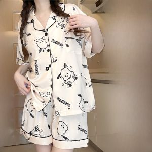 ชุดนอนผ้าไหมน้ำแข็งบางแขนสั้นลายการ์ตูนสุนัขสำหรับผู้หญิงในฤดูร้อน ชุดอยู่บ้านแขนยาวปิดด้วยกระดุม สไตล์หวาน 2 ชิ้น