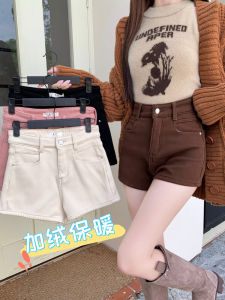 Quần Short Denim Lót Lông Cừu Cạp Cao Cho Nữ Mùa Thu Đông Phong Cách Mới Quần Short Bó Sát Ôm Vừa Vặn Quần Short Cao Gót Phong Cách a