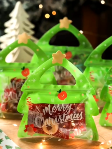 【Festive】5pcs Christmas Gift Bag Candy Chocolate Cookie Nougat Biscuit Packing Seal Bags Reusable Xmas Tree Gift Bags