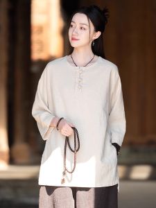 เสื้อยืดคอตตอนลินินสไตล์ย้อนยุคสำหรับผู้หญิง แขนยาวเก้าส่วน กระดุม แขนยาวเก้าส่วน ทรงหลวม สีพื้น ระบายอากาศได้ดี สำหรับฤดูใบไม้ผลิ