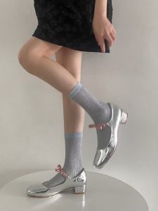 Silver Flash Bright Silk Vertical Stripes Model Style Socks Womens Mid Tube Stockings Ins Tide Fashionable Retro Korean Type Colorful Loose Socks