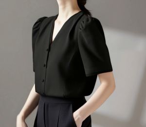 VONDA Korean Style Women Elegant Formal Office Short Sleeve Shirt Solid V-Neck OL Work Top Black Shirts For Formal Occasion #09152026