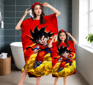 Bandai | Dragon Ball Z Kid Goku Hooded Bath Towel Parent-Child Matching Microfiber Quick Dry Absorbent Bathrobe Poncho for Beach Swim