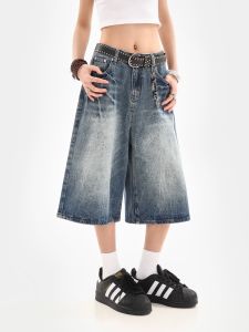 High-Waist Cotton Denim Seven-Point Shorts for Women Summer Loose Fit Blue Straight-Leg Mid-Length Pants With Button Details
