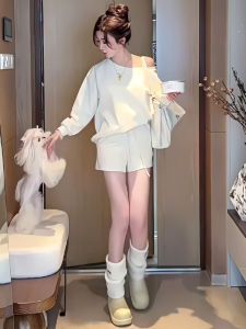 Fashionable High Waist Shoulder Bared Womens Set Casual Style Long Sleeve Short Length Sweatshirt And Shorts Two Piece Suit