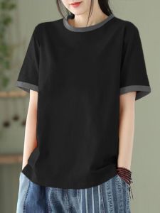 New Arrival Summer Artistic Fashion Pure Cotton Short Sleeve Womens Easiest for Match Anti-Aging Top Plus Size Loose Patchwork round Neck T-shirt