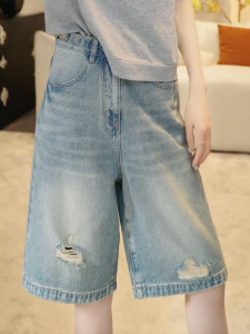 Shalldoer | American Style Worn Thin Hole Five-Quarter Denim Shorts Womens High Waist Slim Straight Leg Pants Summer Casual Fashion