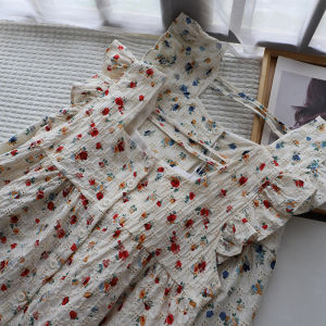 Summer 2025 Sweet Style Floral Print Square Collar Loose Fit Shirt Womens Casual Top Butterfly Sleeve Cotton Blend Blouse