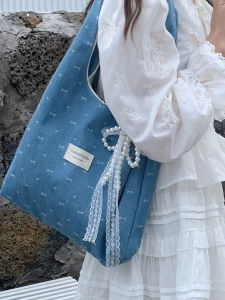 White Tieya Korean Style Denim Blue Butterfly Knot Canvas Tote Bag Womens Large Capacity Lazy Commuting Single Shoulder Bag