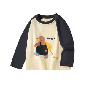 Spring New Arrival Childrens Bear Print Long Sleeve T-Shirt round Neck Base Shirt for Boys Cotton 100% Korean Style Normal Fit