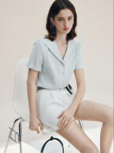 FAMANXUAN | Petite-Friendly Summer Navy Collar Hem Trim Blouse