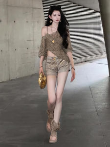 Original Model American Style Hot Girl Summer New High Waist Short Pants Two-Piece Set Sunscreen Coat Top Quality Denim Jeans