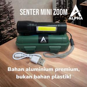 Senter Mini Zoom Alpha Dengan Bahan Aluminium Premium Waterproof Dengan Box Penyimpanan