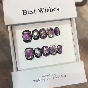 10pcs Short Square Purple Starlight Cat Eyes Flower Handmade Press on Nails Glitter False Nails for Women Party Wedding