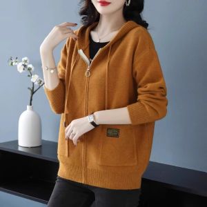 Womens Loose Zipper Hooded Knitwear Spring Outerwear Sweet Style Long Sleeve Cardigan Casual Comfortable Breathable Coat