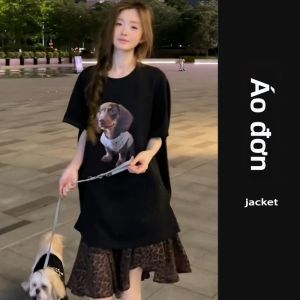 YUEZHONGWEI | Áo Thun Tay Ngắn In Hình Chú Chó Phong Cách Mỹ Màu Đen