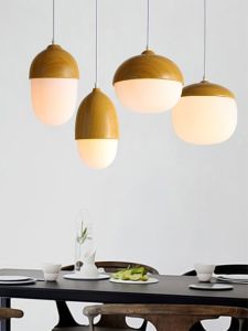 Nordic Modern Simple Glass Pendant Light Restaurant Bedding Wooden Texture Personalized Creative Lamps Iron Body LED Source