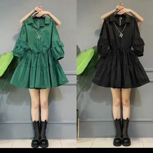 Large Size Womens Lace POLO Collar Long Sleeve Patchwork Shirt Dress Belly Cover Early Autumn Fashion Korean Style High Waist A-Line Skirt