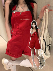 Dark Red Denim Shorts with Suspenders for Women High Waist Summer Style Korean Loose Fit for Petite Size