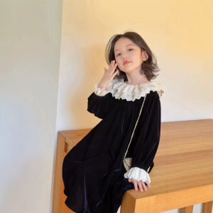 Girls Velvet Dress Winter Clothes Korean Style High Waist Long Sleeve Red Skirt Baby New Year Outfit Princess Dress Children
