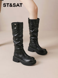 ST&SAT | Vintage Retro Slimming Round Toe Thick Heel Wrinkled Cowboy Rider Boots
