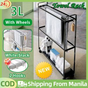 Movable Towel Rack Standing With Wheels 3 Tiers Metal Towel Drying Rack With Handle And 2 Hooks Gap Storage Cart Towel Holder For Bedroom Bathroom Balcony Kitchen Narrow Shelf Rack Slim Storage Rack Organizer Multifunction Storage Rack