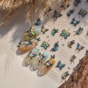 1pc 5D Glossy Metal Butterfly Charm Nail Sticker Blue Green Cartoon Theme Nail Art Decals Butterfly Manicure Nail Supplies Parts