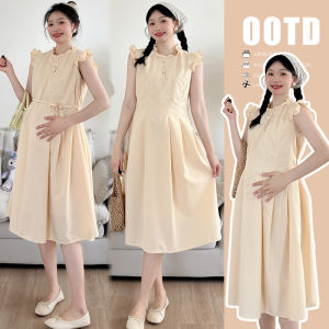 Maternity Dress Sweet Waist Cinched Summer New Arrival French Style Cotton Linen Midi Skirt Pure Color Gauze Material No Sleeve