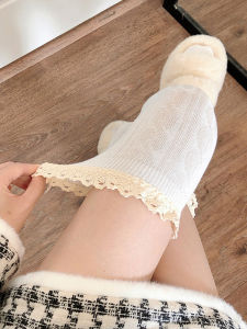 ลูกไม้ ถุงเท้ายาวตัดแต่ง ผู้หญิง ฤดูใบไม้ผลิ ฤดูใบไม้ร่วง สีขาว ถุงเท้าเหนือเข่า ถุงเท้ายาวสีเทาสําหรับรองเท้าบูท เรียบหรู Shaping Legwear