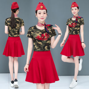 Summer New Sailor Dance Womens Outfit Short Sleeve Mini Skirt Camouflage Performance Square Dance Costume Cotton Blend Elastic Fiber