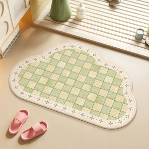 VIKAMA Cute Wavy Bath Mat Pastel Grid Floral Lace Border Non‑Slip Absorbent Rug for Bathroom Shower Home Decor