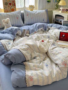 Korean Style Student Dormitory Bedding Set Lace Trimmed Washed Cotton Four-Piece Set Cartoon Design Warm Quilt Coverlet