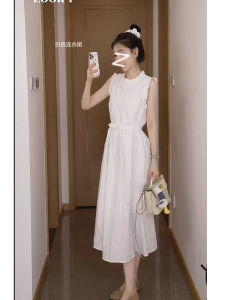 Oajer Flagship Store French Style Sleeveless Dress Womens Spring White Long A-Line Skirt High Waist round Neck Zipper Back