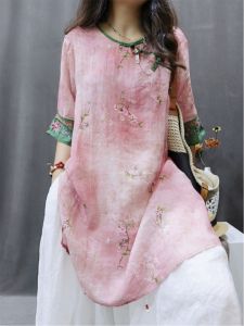 Retro National Style Print Mid Length Long Length Ramie Shirt Womens Summer Contrast Color Diagonal Buckle Split Floral Tea Clothing Top