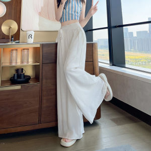Blue Silk Cotton Wide Leg Pants Women Summer Thin Lazy Style Lace Belt High Waist Draping Casual Floor Length Skirt Pants