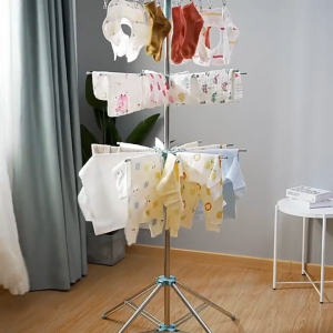 SPACEMADER Stainless Steel Foldable Clothes Drying Rack Windproof Baby Clothes Rack Multifunctional Sock Drying Rack Rotating With Clips