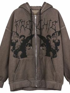 Áo Khoác Dài Tay Rộng Rãi in Họa Tiết Khóa Kéo Áo Khoác Ngoài Thường Ngày Cho Nữ Mùa Xuân 2024 Áo Khoác Ngoài Dáng Rộng