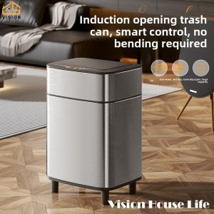Vision 10L/14L Intelligent Automatic Trash Can with Cover Touchless Infrared Stainless Steel Garbage Can Smart Motion Sensor Trash Bin Household Waste Bin with Butterfly Lid Garbage Bin for Bedroom Bathroom Kitchen Office