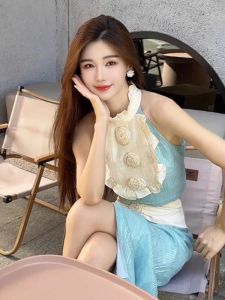 French Vintage Luxury Sleeveless Neck Hanging Top Skirt Two-Piece Set Elegant Birthday Dress Skirt Sweet High Waist Short Bodycon