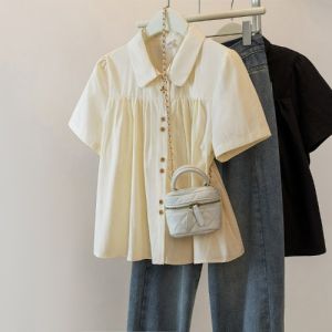SHIMANQING | Black Doll Collar Short Sleeve Slimming Plus Size Womens Shirt