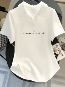 Slim Fit Short Sleeve Polo Neck T-Shirt Korean Style Versatile Design V Neck Printed Cotton Sweat Absorbent Summer Top