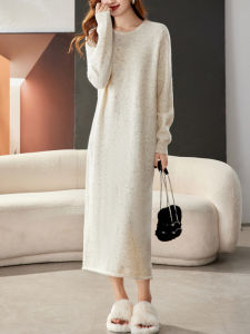 Long Knitted Dress Straight Slimming White Dot Wool Sweater Dress Base Layer Autumn Winter New Style Elegant Simple Design