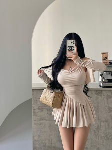 Pure Desire Sweet Sister Long Sleeve Gingham Skirt Set Anti-Light Hanging Neck Strap Vest Drapey A-Line Midi Skirt