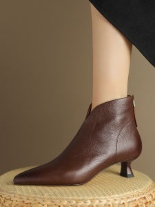 Genuine Leather inside and outside V Cut Short Boots for Women Spring and Autumn Boots Ankle Boots French Elegance Pointed Stiletto Heel All Year Round Ankle Boots Size 40