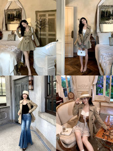 Cherry Desire plus Size British Style Double Breasted A-Line Pleated Khaki Color Coat Long Sleeve Short Length Bubble Sleeve