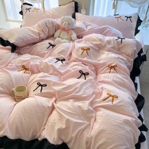 INS Cream Yellow Bows Washed Cotton Lace Four-Piece Set Towel Embroidery Quilt Cover Bed Sheets Dormitory Single 3 PCs Set 4