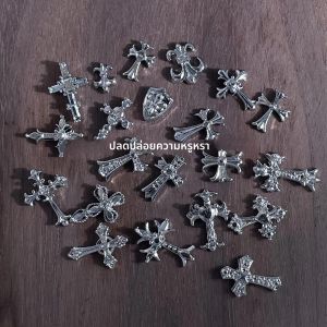 อุปกรณ์ตกแต่งเล็บรูปไม้กางเขนสีเงิน 100 ชิ้น ประดับเพชรซิร์คอน วัสดุโลหะผสม สำหรับตกแต่งเล็บ ดีไซน์สวยงามระยิบระยับ