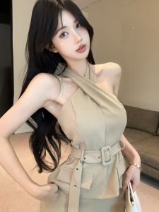 GUZILIAN | Bộ váy ngắn không tay cổ chéo thanh lịch gợi cảm cạp cao hở lưng cho nữ mùa hè 2025 Váy midi hai mảnh dáng chữ A