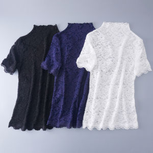 Early Autumn Korean Style Lace Shirt Short Sleeve Mesh Hollow out Base Top Womens Slim Fit Half High Collar Versatile Fashionable